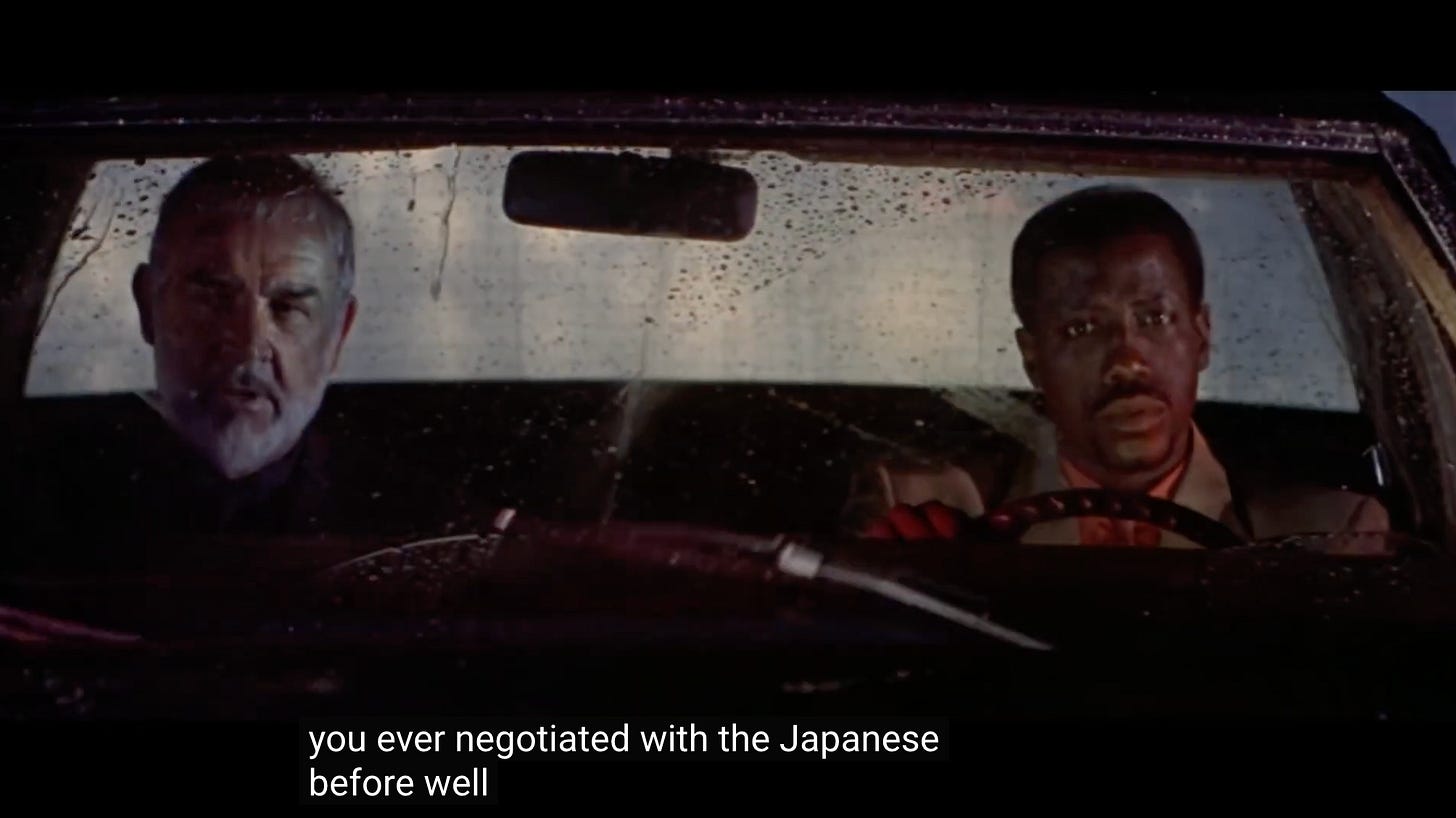 A scene from film "Rising Sun", in which Sean Connery and Wesley Snipes are conversing while driving. "have you ever negotiated with the Japanese"