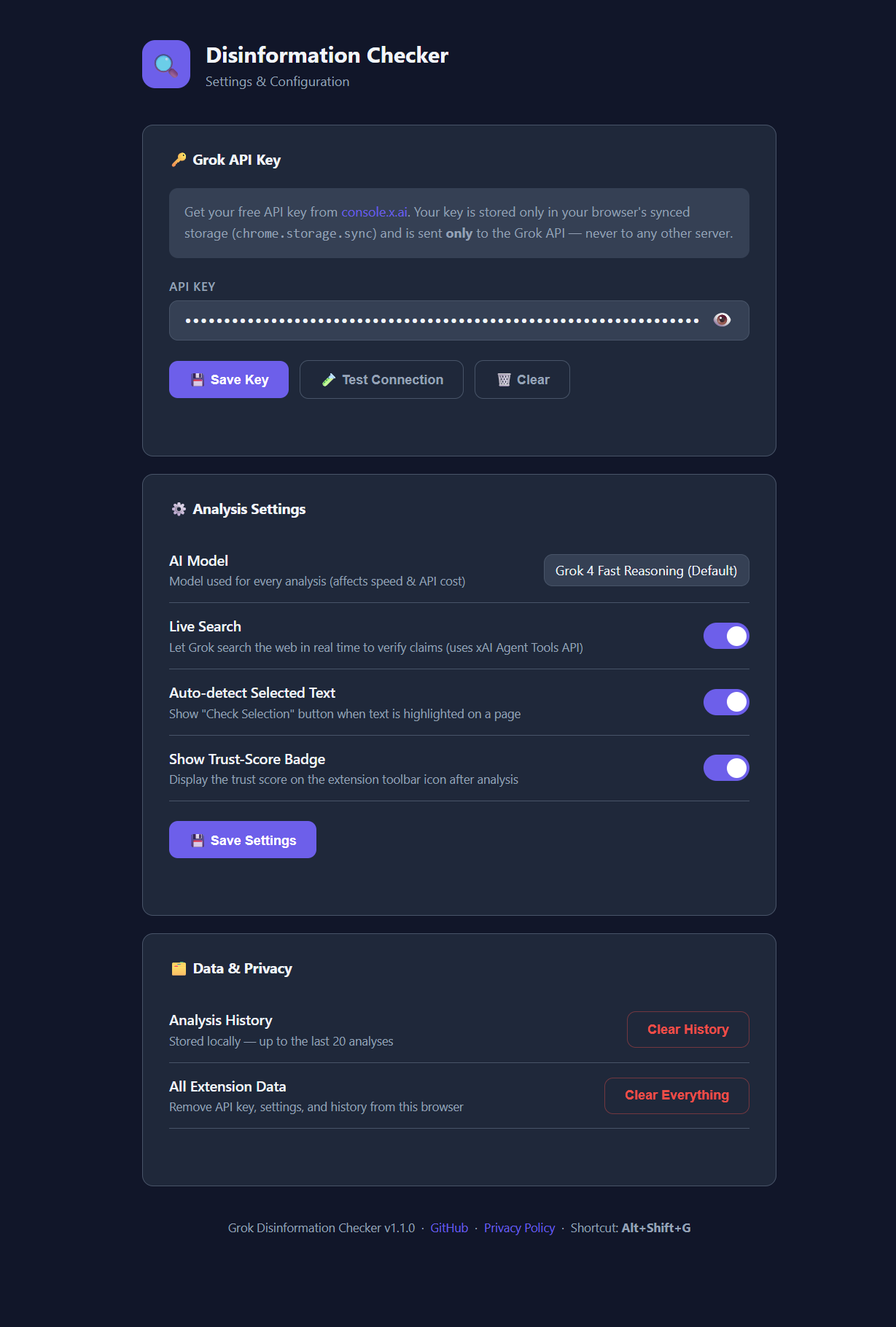 Settings and configuration page