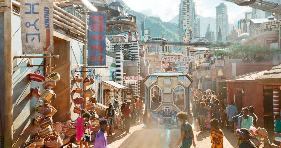 A bustling streetcar-lined corridor in Wakanda's Steptown neighborhood. A bustling streetcar-lined corridor in Wakanda's Steptown neighborhood.