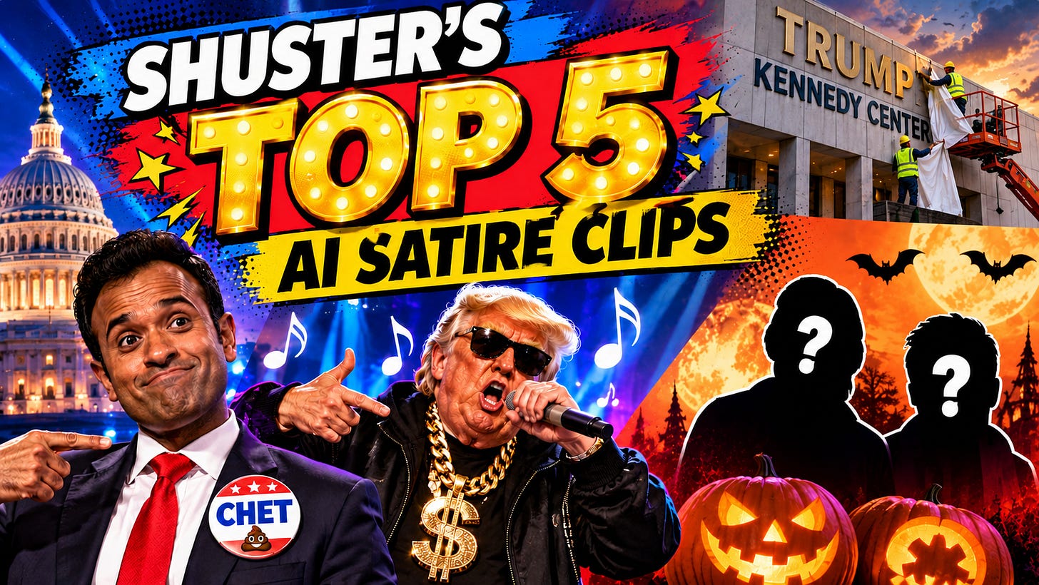 colorful image with Vivek Ramaswamy, Trump as a rapper, Trump's name coming off a building, and two mystery figures with the caption Shuster's Top 5 AI Satire Clips