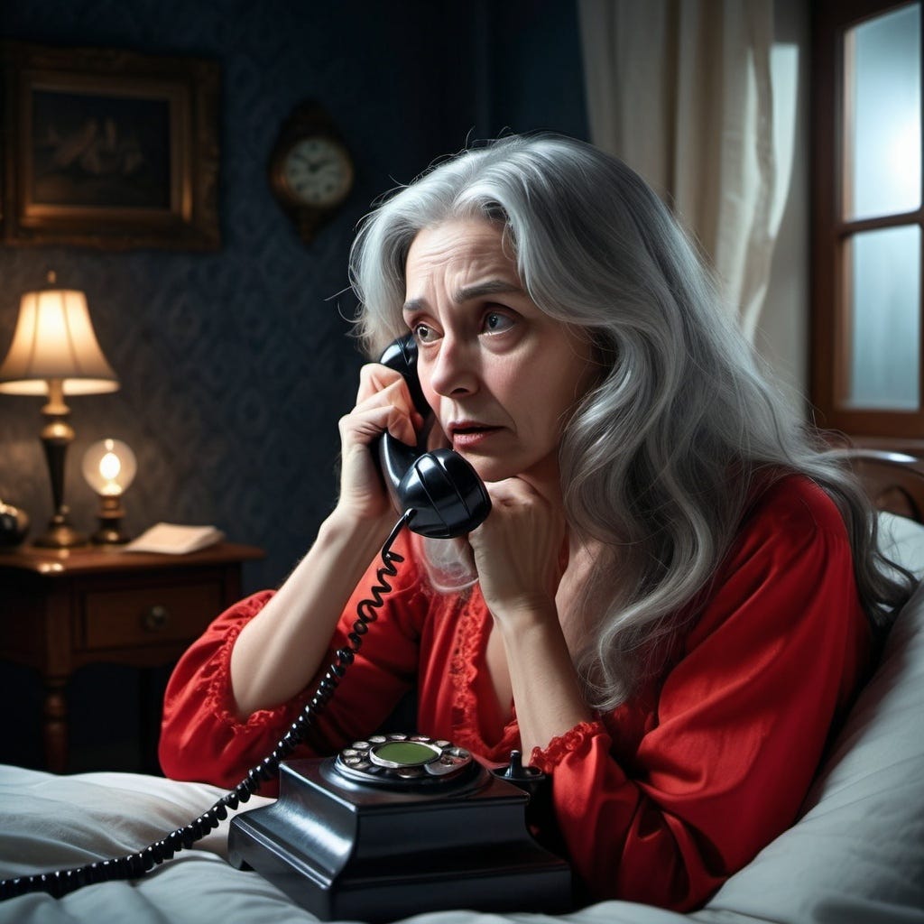 terrified woman with long gray hair holding the phone up to her ear in the middle of the night.