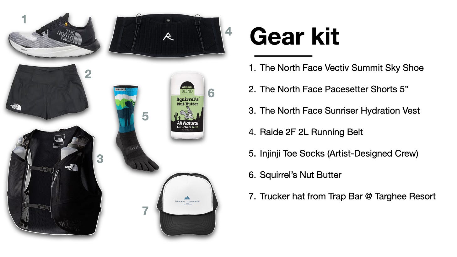 Michelino's gear kit that he used at the Rut Mountain Runs in Big Sky, Montana
