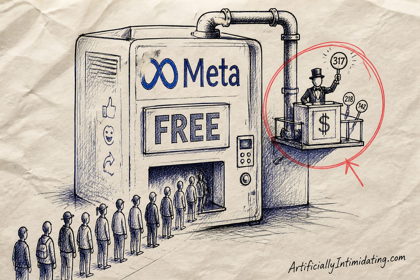 Pen-and-ink cartoon: an enormous vending machine stamped with the Meta wordmark and a large sign reading FREE, with a long line of small people queueing at its dispensing slot. Bolted to the machine's side is a small auctioneer's platform where a figure in a top hat holds up numbered bidding paddles, with a pipe running from that platform into the top of the machine. A red circle is drawn around the auction platform.
