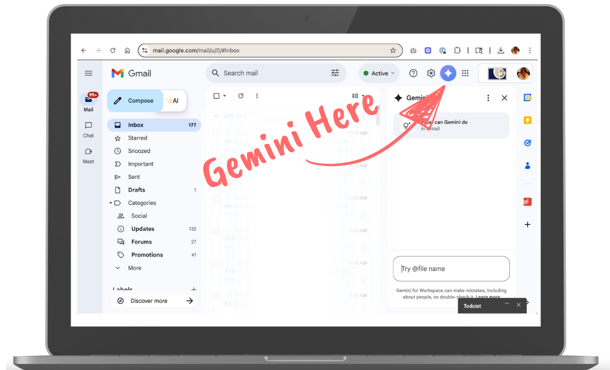 Screenshot of Gmail interface on a laptop showing the location of the Gemini icon in the top toolbar, with a red arrow and text saying 'Gemini Here' pointing to the sparkle icon