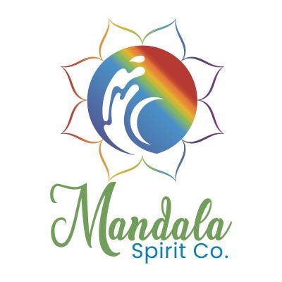 Mandala Spirit Co. logo — rainbow mandala with wave and spirit symbol.