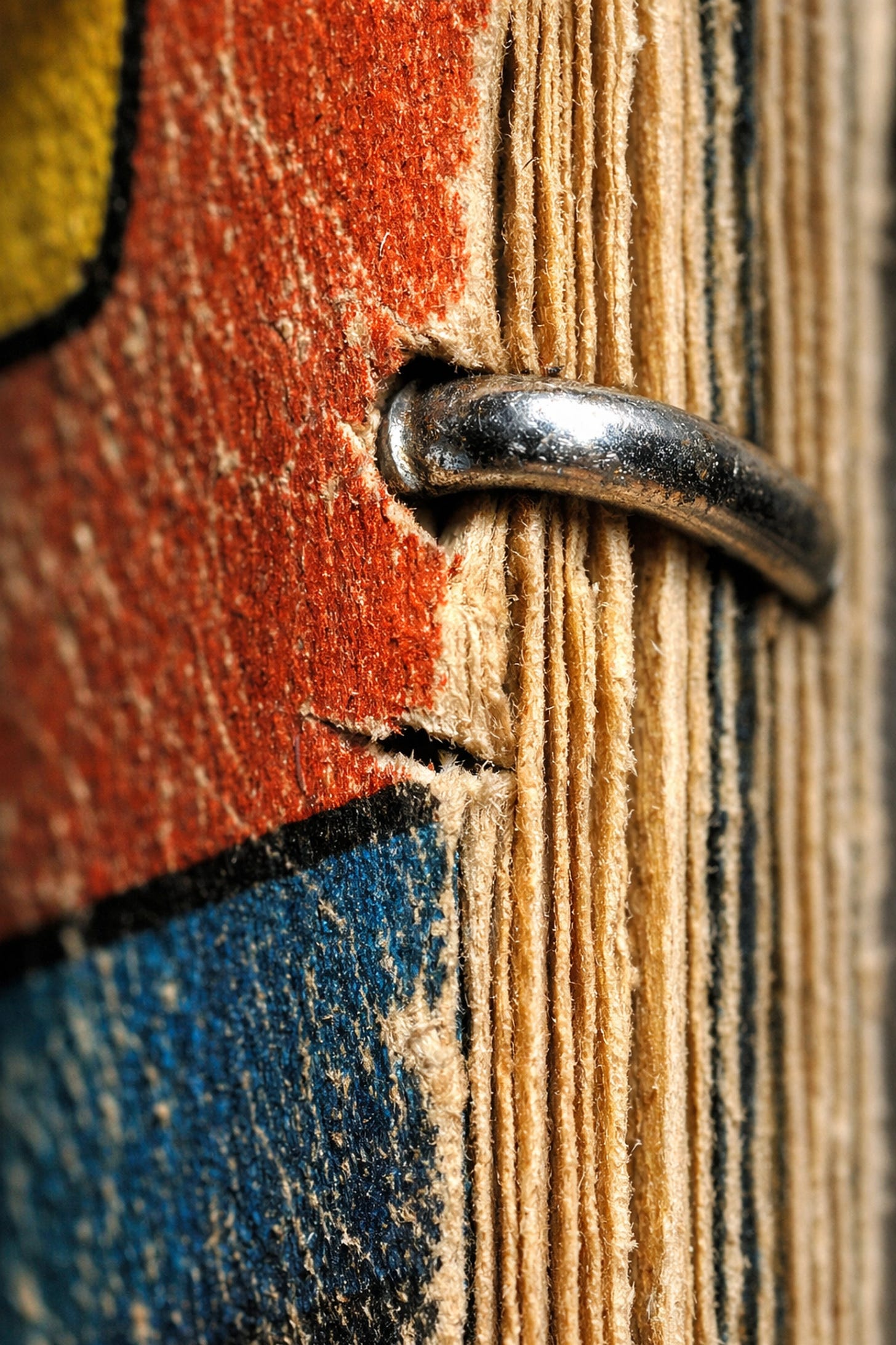 Macro view of a 1970s Bronze Age comic book spine showing a color-breaking spine tick and staple detail.