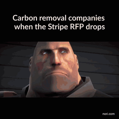Text on black: "Carbon removal companies when the Stripe RFP drops". Below, a close-up of the Heavy from Team Fortress 2 staring with grim determination. Watermark: nori.com.