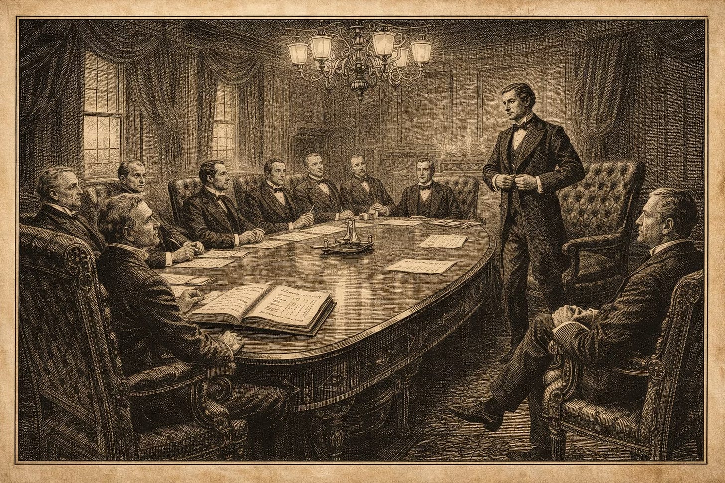 Victorian engraving illustration of a formal boardroom scene with one commanding figure rising to leave while others look on, representing Netflix's deliberate and data-driven decision to walk away from the Warner Bros Discovery acquisition rather than overpay for a library without behavioral infrastructure value.