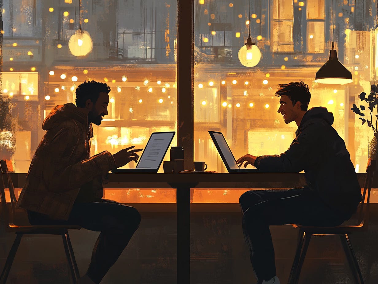 Two young strangers in a coffee shop, each with laptops. They are happy and chatting with each other. 