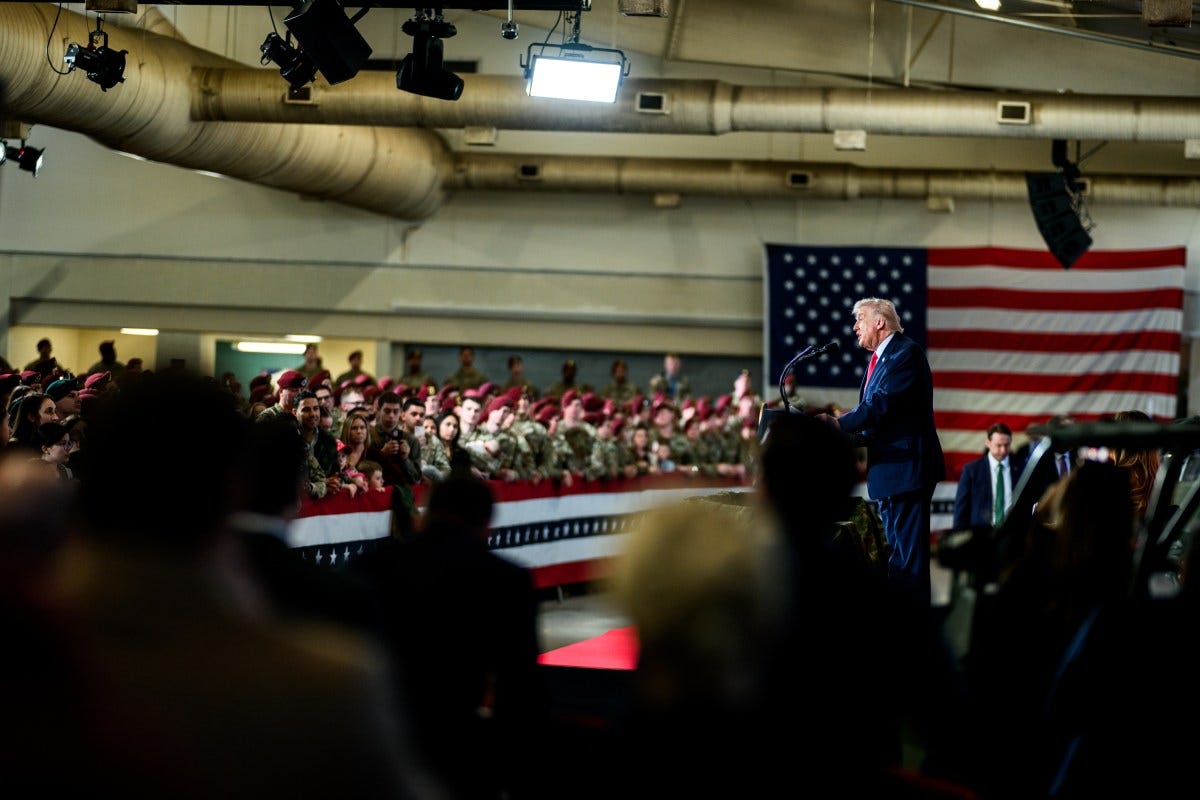 President Donald Trump delivers remarks to military families at Fort Bragg, North Carolina, Friday, February 13, 2026. (Official White House Photo by Daniel Torok) President Donald Trump delivers remarks to military families at Fort Bragg, North Carolina, Friday, February 13, 2026. (Official White House Photo by Daniel Torok)