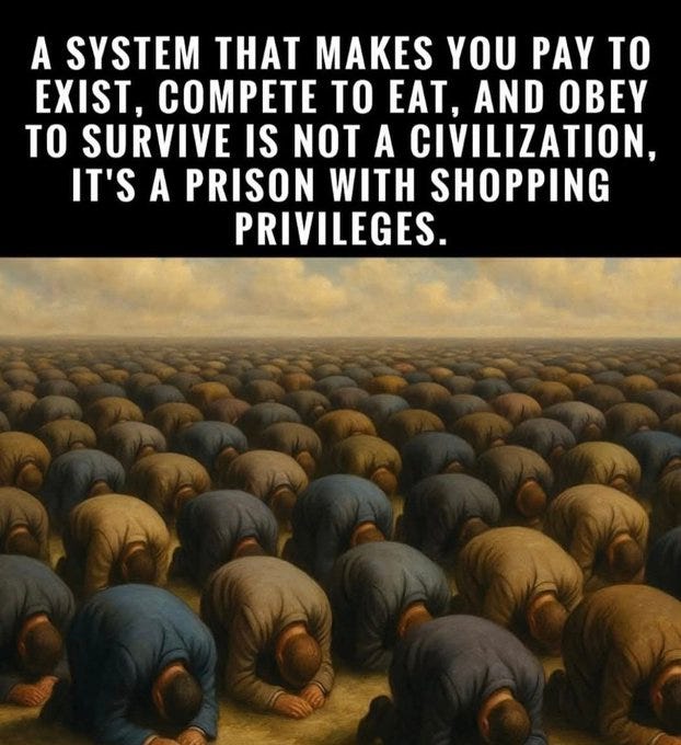 Vast open field under expansive cloudy sky with numerous figures in muted brown and blue 19th-century clothing kneeling or bending forward in organized rows across the landscape performing repetitive manual tasks.
