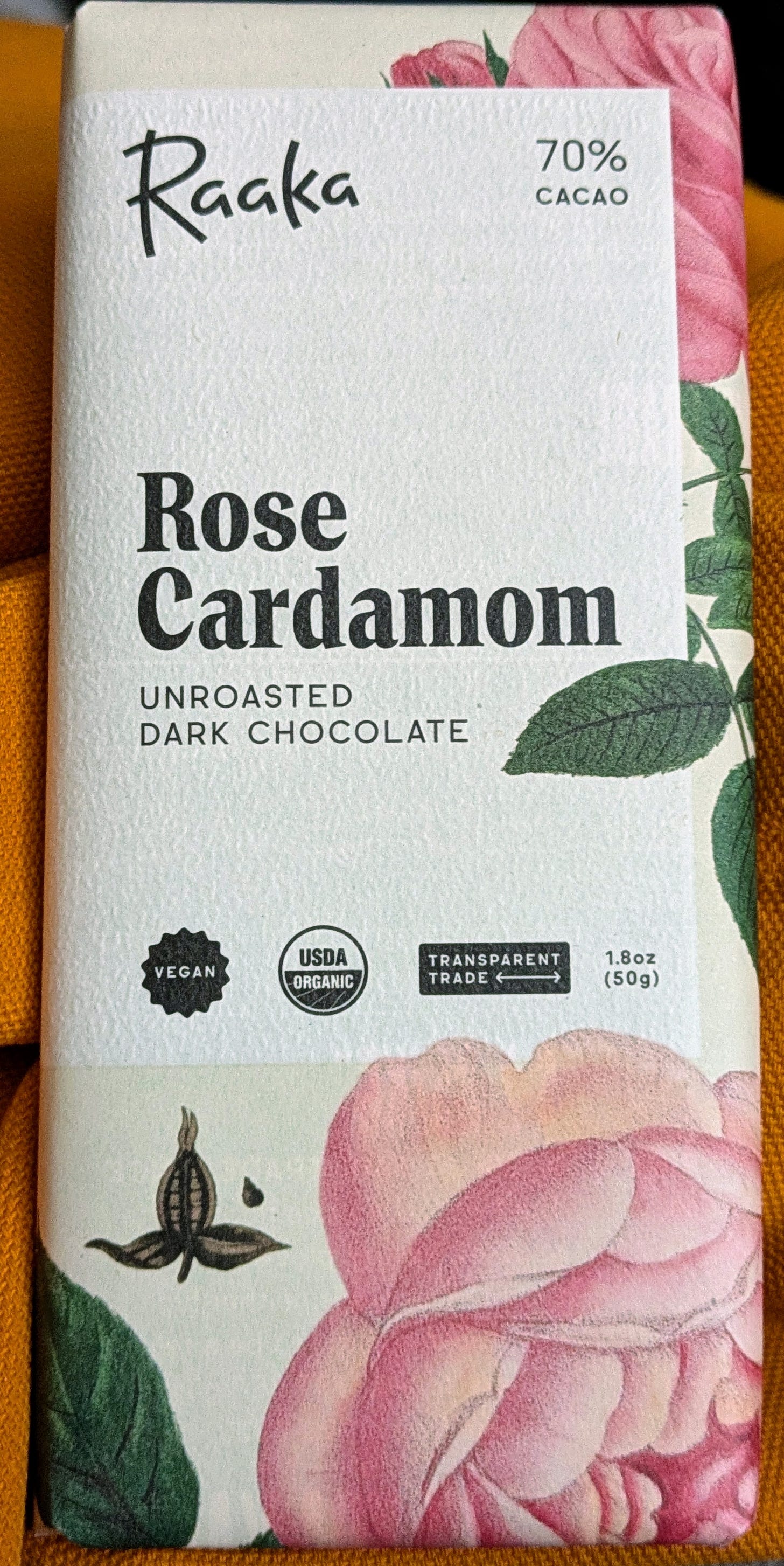 Raaka unroasted dark chocolate bar with rose and cardamom