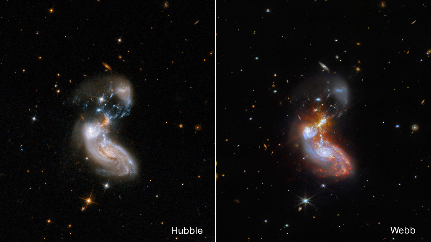 Side-by-side comparison of two merging spiral galaxies as seen by the Hubble and Webb telescopes. Each view is labeled. In both images, the two galaxies form a bean-like shape together, with the more distorted galaxy above and to the left of the other. The background is black, and many tiny distant galaxies dot the scene. On the left, Hubble’s image shows the galaxies in white, with faint blue swirls of star formation and reddish brown dust. There is a bright star with four diffraction spikes above the galaxies surrounded by a pale arc of dust. On the right, Webb’s image shows the same galaxies in blue, as well as much brighter, clearer spiral tendrils of star-forming regions in orange-pink. To the right of the top galactic core, faint diffraction spikes stretch out of a particularly bright star-formation clump. The same star above the galaxies has a set of eight diffraction spikes that are much shorter than in Hubble’s view, and the arc of dust around it is more transparent. Side-by-side comparison of two merging spiral galaxies as seen by the Hubble and Webb telescopes. Each view is labeled. In both images, the two galaxies form a bean-like shape together, with the more distorted galaxy above and to the left of the other. The background is black, and many tiny distant galaxies dot the scene. On the left, Hubble’s image shows the galaxies in white, with faint blue swirls of star formation and reddish brown dust. There is a bright star with four diffraction spikes above the galaxies surrounded by a pale arc of dust. On the right, Webb’s image shows the same galaxies in blue, as well as much brighter, clearer spiral tendrils of star-forming regions in orange-pink. To the right of the top galactic core, faint diffraction spikes stretch out of a particularly bright star-formation clump. The same star above the galaxies has a set of eight diffraction spikes that are much shorter than in Hubble’s view, and the arc of dust around it is more transparent.