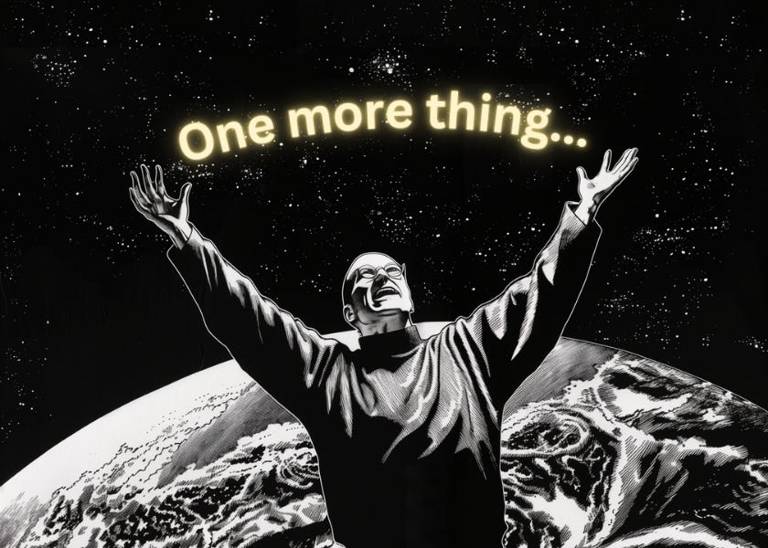 Ghost of Steve Jobs raising his arms up in victory. "One More Thing..." is glowing between his hands.