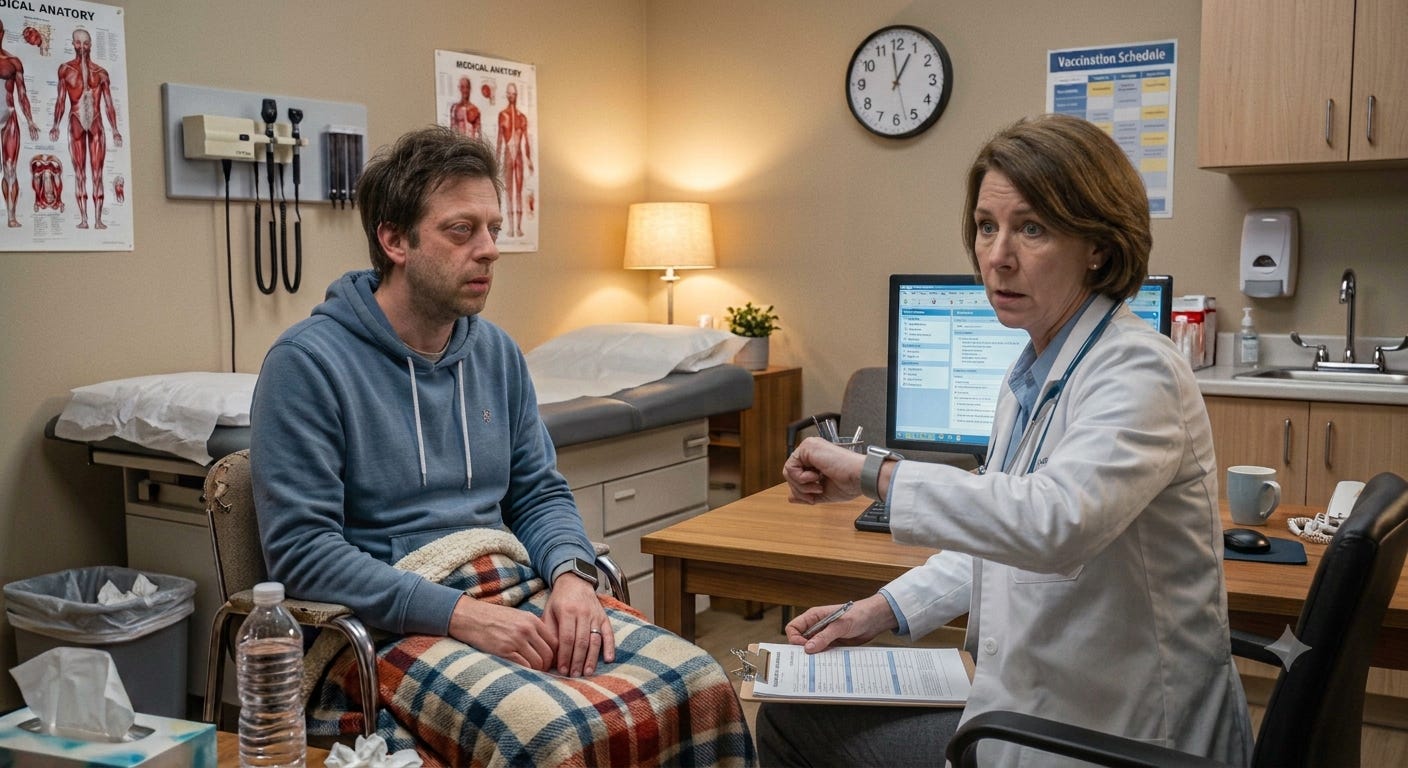 A sick-looking patient is in a doctor's exam room. A doctor is sitting across from him, taking his medical history but also looking nervously at her wrist watch. A sick-looking patient is in a doctor's exam room. A doctor is sitting across from him, taking his medical history but also looking nervously at her wrist watch.