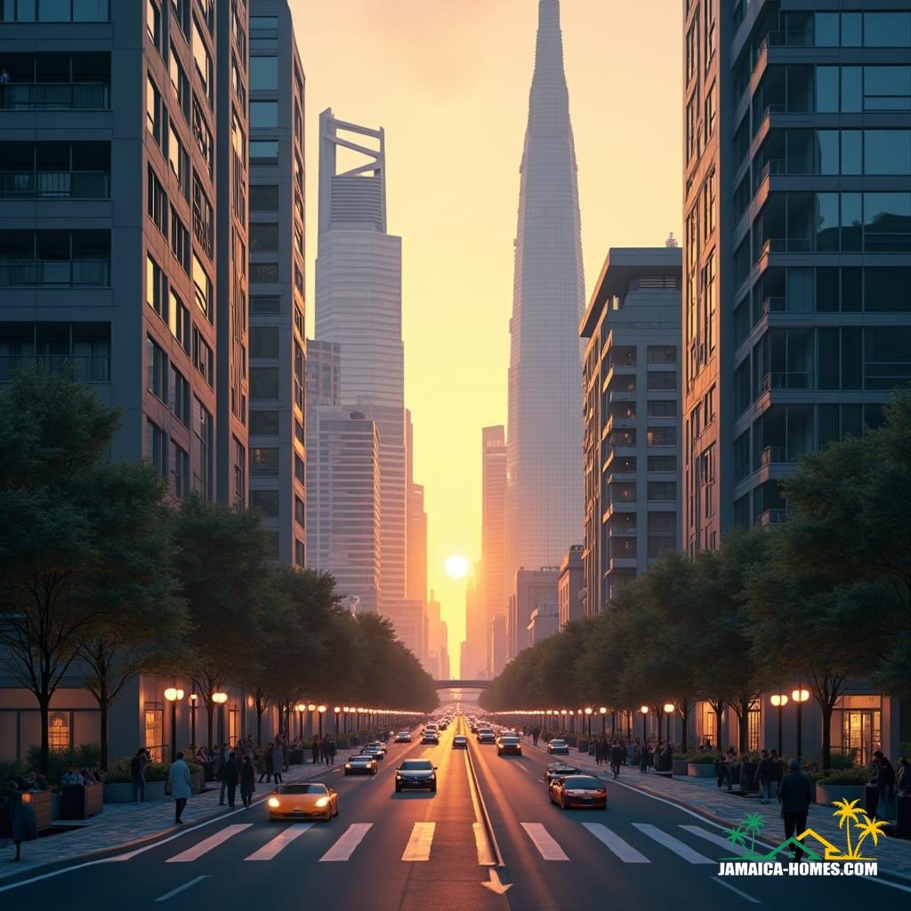 A futuristic cityscape of Kingston, with sleek skyscrapers and bustling streets, teeming with sensor-driven infrastructure, high-speed internet access, and AI-enhanced safety features, as residents and visitors navigate the urban hub with ease, amidst a cinematic backdrop of warm, golden light