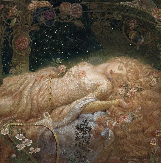 This may contain: a painting of a woman laying on top of a bed with flowers around her head