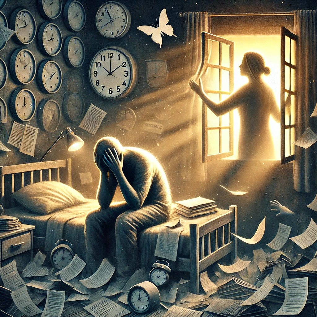 An emotional and symbolic illustration depicting the experience of burnout and mental paralysis in individuals with ADHD and ASD. The central figure sits in a dimly lit room, surrounded by scattered tasks and symbols of overwhelm, such as chaotic papers and clocks. The figure holds their head, symbolizing mental fatigue. Outside the window, a soft light breaks through, representing hope and support. A caring figure gently offers a hand or calming presence, signifying empathy and understanding. The atmosphere balances heaviness with a sense of recovery and support, emphasizing the journey from burnout to renewal. An emotional and symbolic illustration depicting the experience of burnout and mental paralysis in individuals with ADHD and ASD. The central figure sits in a dimly lit room, surrounded by scattered tasks and symbols of overwhelm, such as chaotic papers and clocks. The figure holds their head, symbolizing mental fatigue. Outside the window, a soft light breaks through, representing hope and support. A caring figure gently offers a hand or calming presence, signifying empathy and understanding. The atmosphere balances heaviness with a sense of recovery and support, emphasizing the journey from burnout to renewal.