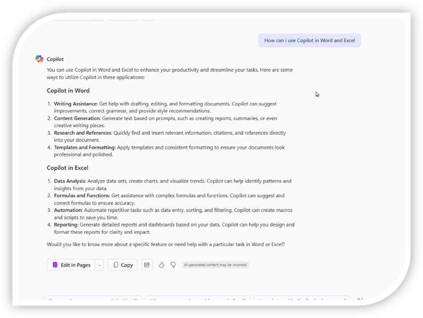 An image depicting Copilot being used in Word and Excel. The image includes examples of Copilot's functionality in these applications. An image depicting Copilot being used in Word and Excel. The image includes examples of Copilot's functionality in these applications.