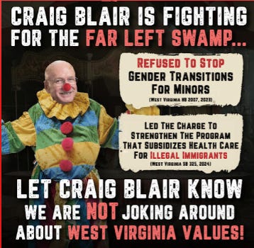 A photoshopped image depicts Craig Blairs head juxtaposed on a clown. A red ball is photoshopped onto his nose. The add says quote Craig Blair is fighting for the far left swamp. It then says at the bottom quote Let Craig Blair Know we are not joking around about West Virginia Values.