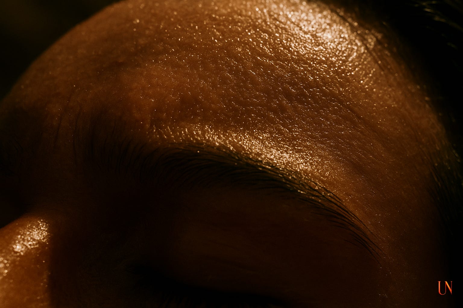 Close-up of a person’s forehead and closed eye, skin glistening with sweat under warm light. The image emphasizes texture, vulnerability, and the weight of embodiment.