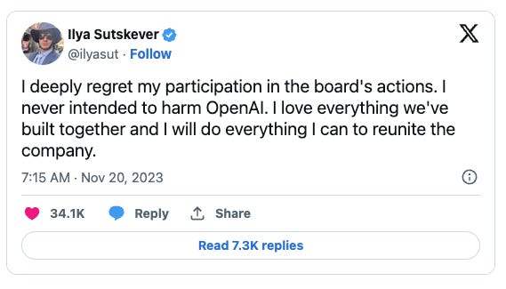 Ilya Sutskever social meda post saying 'I deeply regrent my participation in the board's actions. I never intended to harm OpenAI. I love everything we've built together and I will do everything I can to reunited the company.