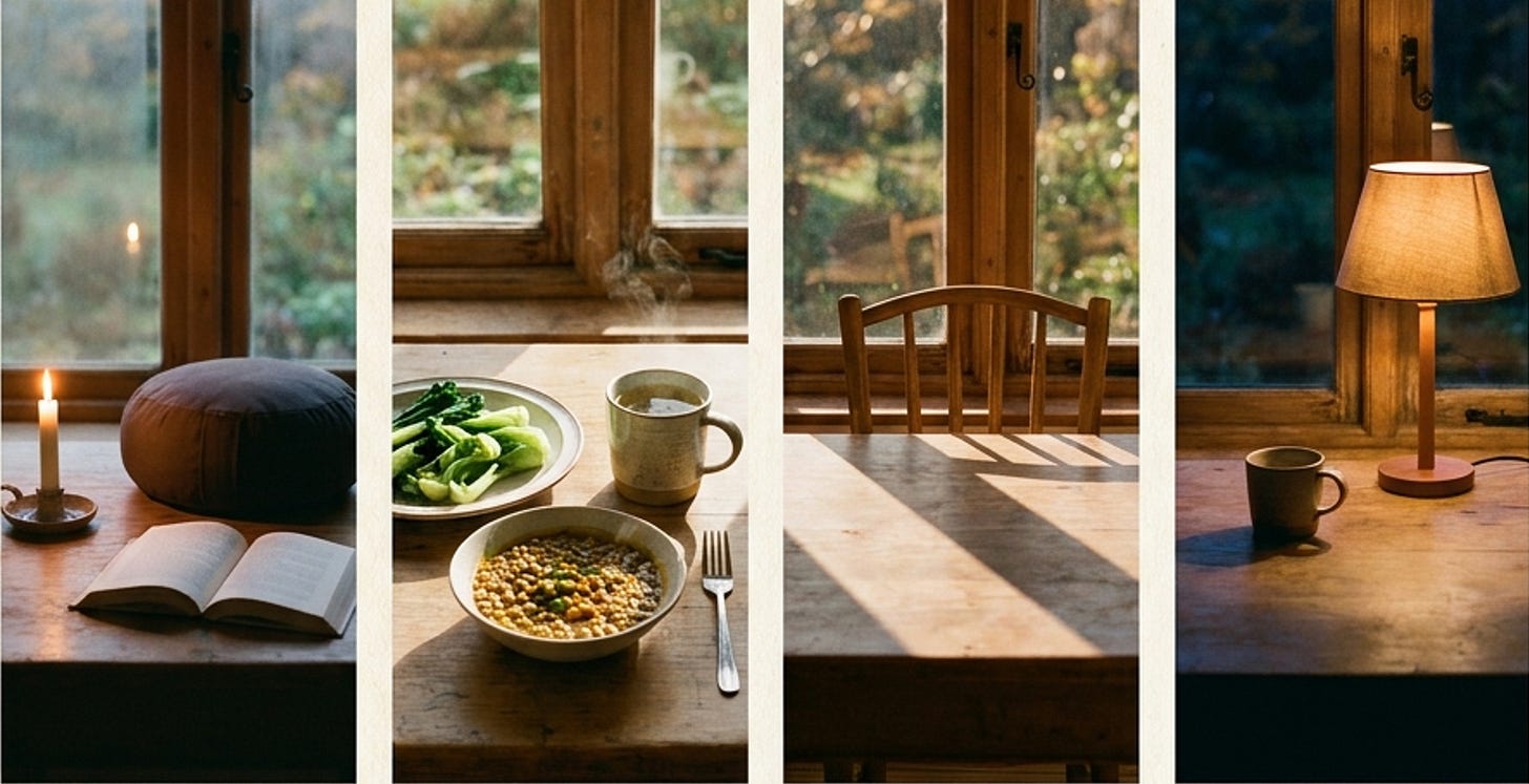 Four moments across one day at the same table—pre-dawn candlelight with meditation cushion, midday warm lunch in full sun, afternoon empty chair in golden light, twilight lamp glow—the four anchors as lived ritual Four moments across one day at the same table—pre-dawn candlelight with meditation cushion, midday warm lunch in full sun, afternoon empty chair in golden light, twilight lamp glow—the four anchors as lived ritual