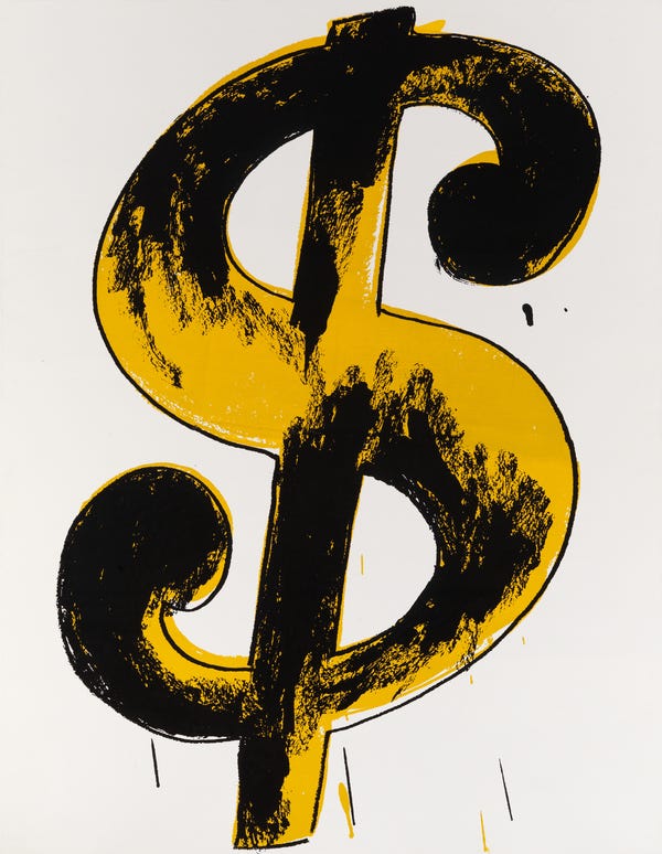 Andy Warhol's Dollar Sign, a black and yellow hand-drawn dollar sign silkscreened on white canvas, with ink drips Andy Warhol's Dollar Sign, a black and yellow hand-drawn dollar sign silkscreened on white canvas, with ink drips