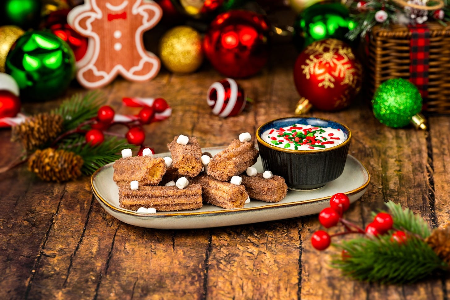 Mexican Hot Chocolate Mini Churros tossed with Hot Cocoa by Joffrey's Powder, cinnamon, and warm spices served with sprinkles and marshmallow fluff dip