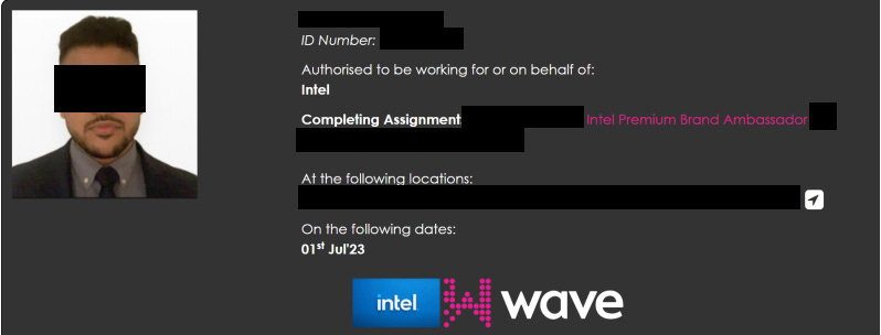 Image showing a temporary authorization for an employee to work on behalf of Intel. Valid for July 1st 2023 with redacted information such as ID number.