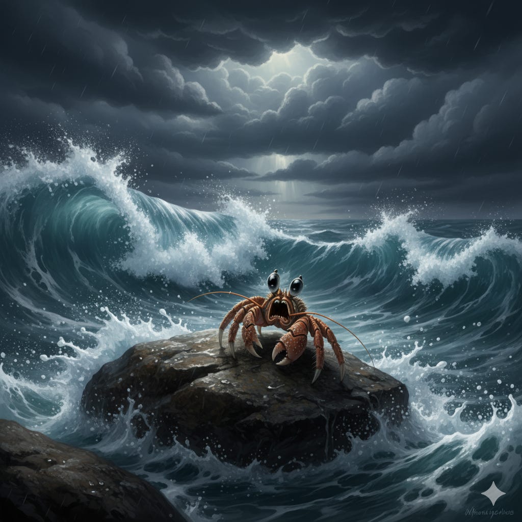 Cartoon crab on rock amid stormy waves and dark clouds.