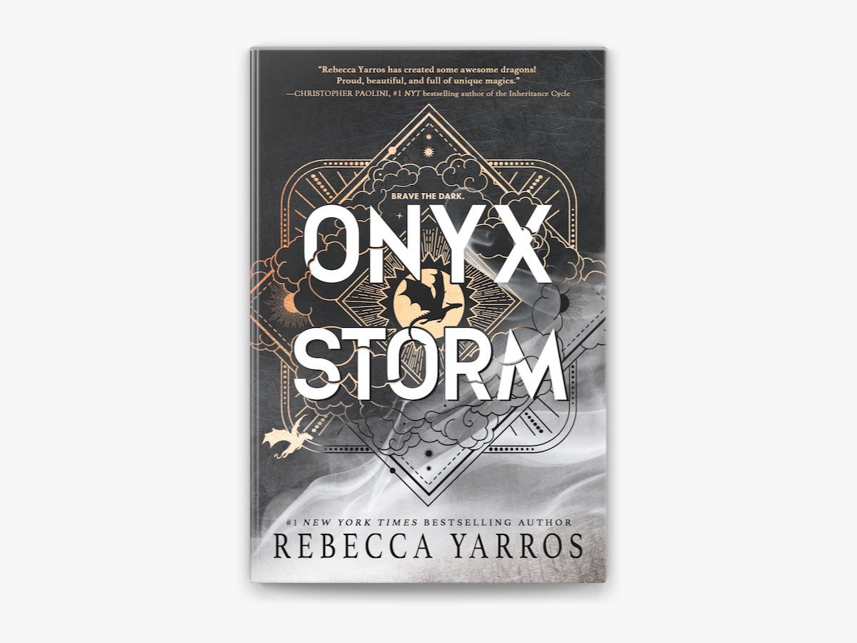 Cover of the fantasy book 'Onyx Storm' by Rebecca Yarros featuring a dragon and stylized smoke design
