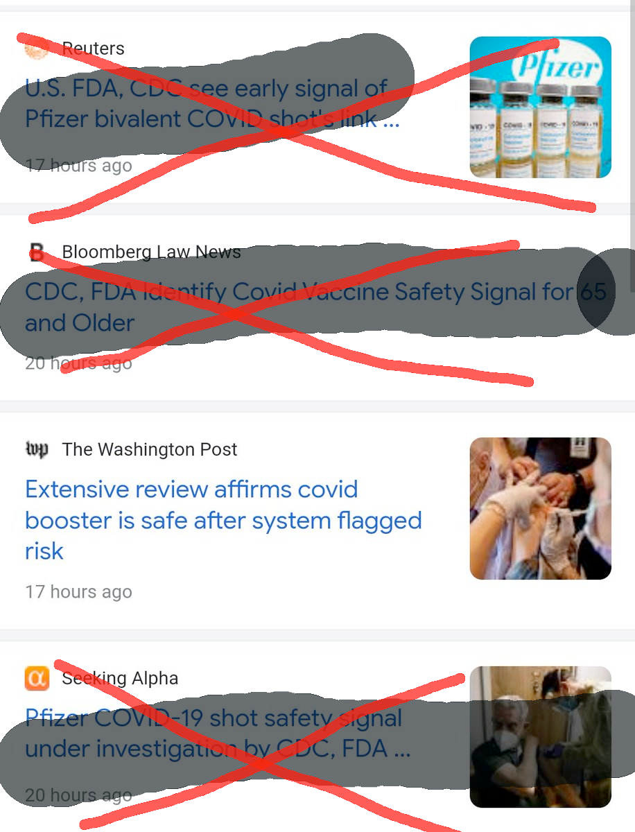 The image is of a list of 4 headlines, The Washington Post Headline reads Extensive review affirms covid booster is safe after system flagged risk. the Seeking Alpha, Bloomberg Law News, and Reuters headlines are all clickbait about shot safety being questioned and those headlines have been partially erased and overlaid with red x marks over the image to partially obscure the headlines. The Washington post headline stating safety is affirmed is not crossed out. The image is of a list of 4 headlines, The Washington Post Headline reads Extensive review affirms covid booster is safe after system flagged risk. the Seeking Alpha, Bloomberg Law News, and Reuters headlines are all clickbait about shot safety being questioned and those headlines have been partially erased and overlaid with red x marks over the image to partially obscure the headlines. The Washington post headline stating safety is affirmed is not crossed out.