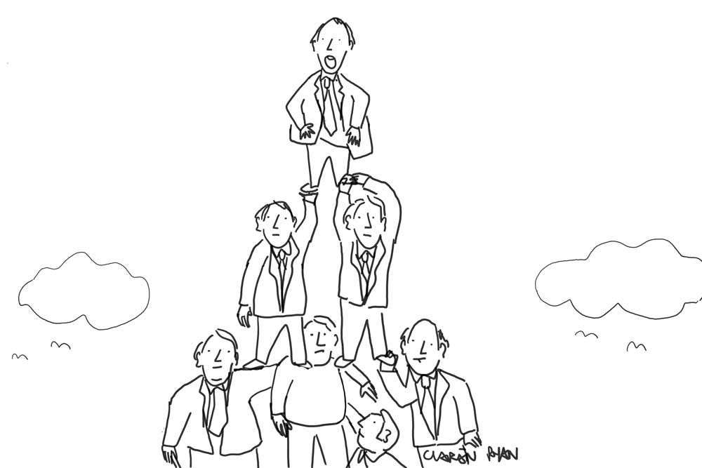 A pyramid of people support a politician, at its peak