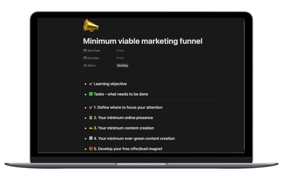 a screenshot of a Notion page with the steps to build your Minimum viable marketing funnel a screenshot of a Notion page with the steps to build your Minimum viable marketing funnel