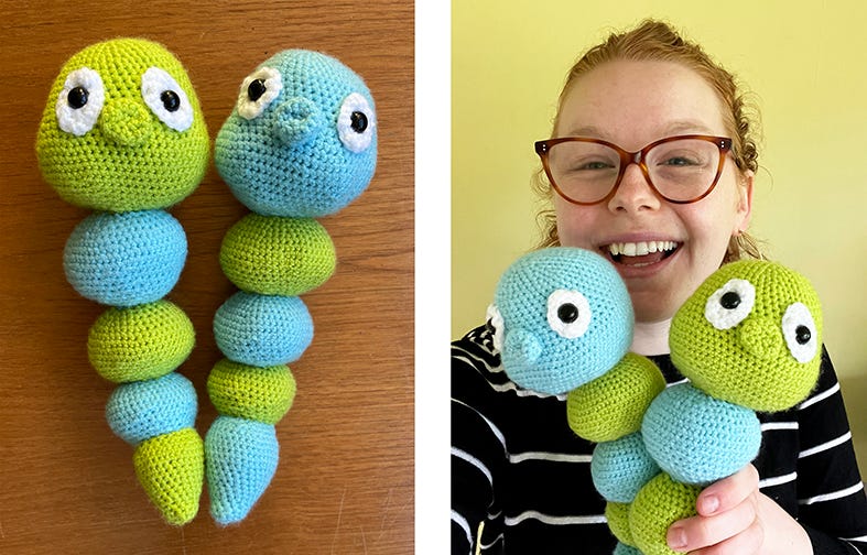 two photos: one of the two crocheted worms finished, the other of kara holding the worms and smiling