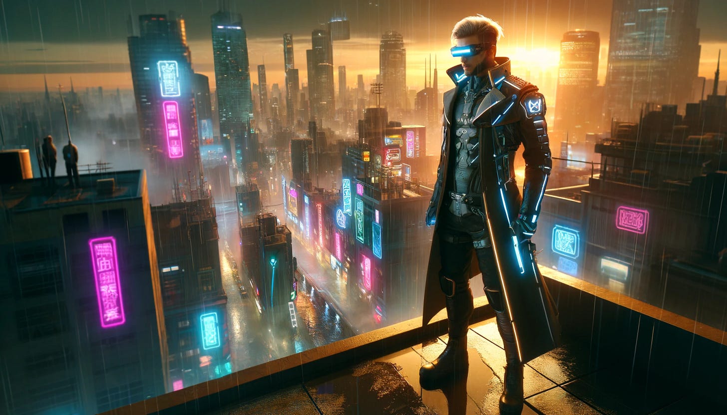 A cyberpunk-inspired futuristic cityscape at sunset featuring a cool character in the foreground, standing confidently on a rain-slicked rooftop. The character is dressed in advanced cyberpunk attire, including a sleek trench coat with glowing accents, a high-tech visor, and cybernetic enhancements. The city below is filled with neon-lit skyscrapers, holographic billboards, and bustling streets, but without any flying cars. The scene has a gritty and atmospheric vibe with dramatic lighting and vivid colors, capturing the essence of a grounded cyberpunk world.