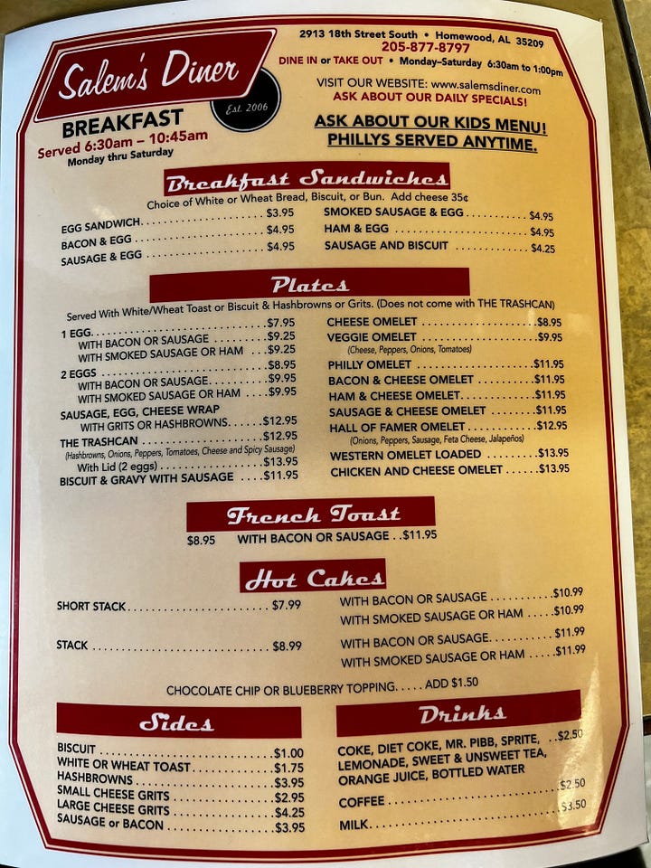 breakfast and lunch menus from Salem's Diner in Homewood, Alabama