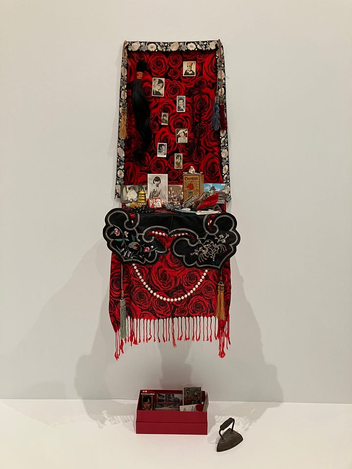 two photographs of shrines made of wood and painted red (left) and green), filled with small symbolic objects.