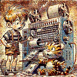 A young boy with spiky blond hair in a striped shirt and shorts, and a cartoon-style tiger companion, illustrated in a nostalgic vintage comic style but rendered with the grainy texture and color tones of 35mm film photography. They are trying to fix a broken money printing machine, looking puzzled and focused. The machine has open panels, wires hanging out, and steam rising. The scene has warm sepia tones with subtle film grain and natural light effects, blending vintage comic charm with classic 35mm film aesthetics.