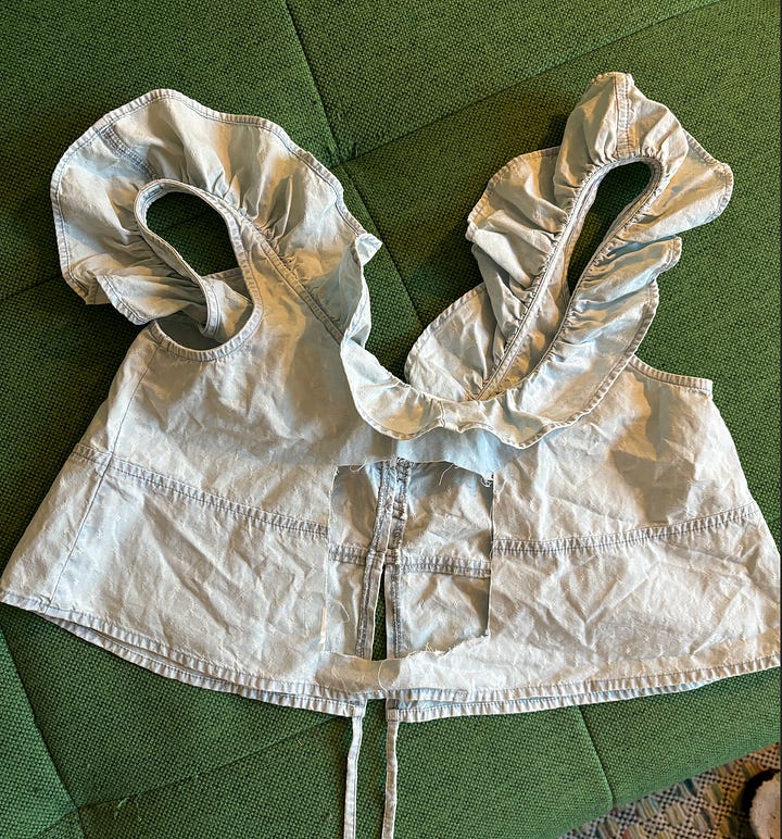 Two photos, on the left a shirt with a hole in the center back, on the right the same shirt but turned into an open back top