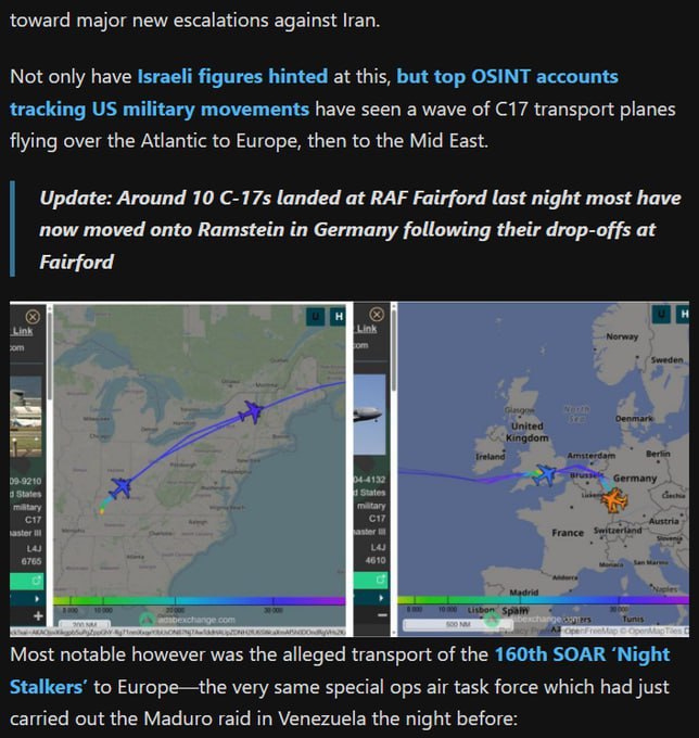 A map showing the flight routes of C-17 transport aircraft between the United States and Europe, with a focus on the RAF Fairford and Ramstein air bases in Germany.