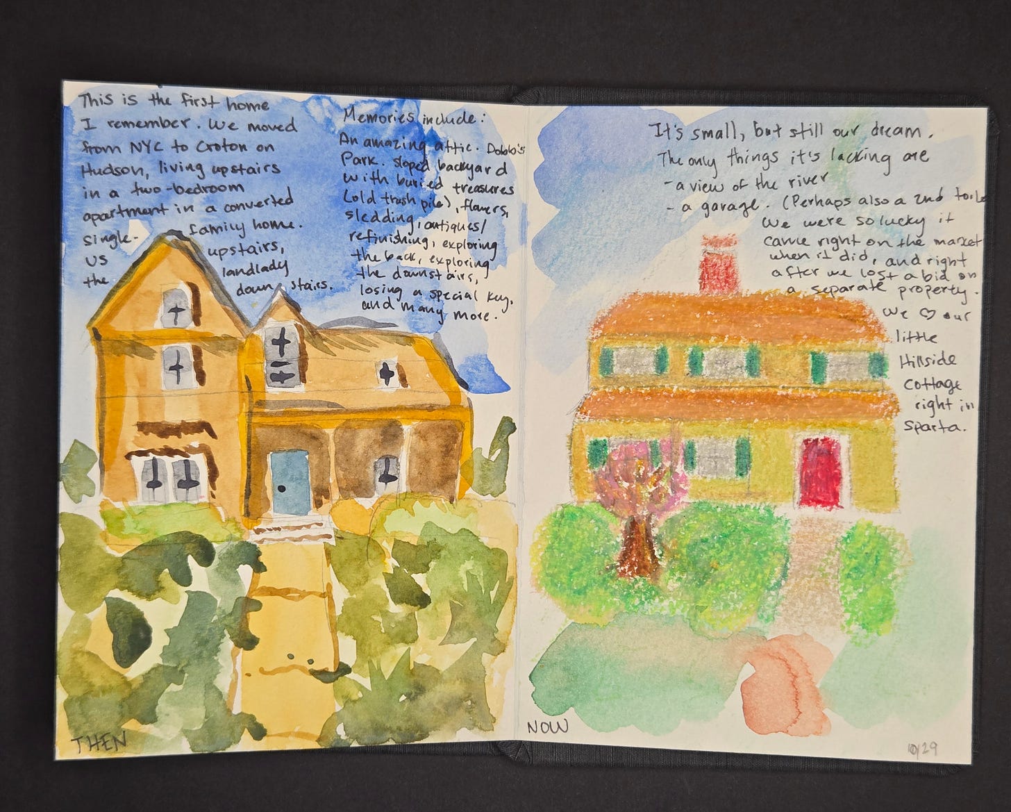 Watercolor sketchbook spread of pets, including rabbit, shrimp, bird, and dog portrait labeled “Eleanor Mayweather,” showing childhood pets and present life.