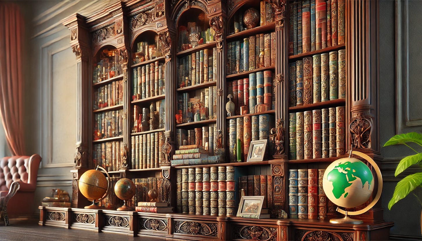 A detailed image of a large, elegant bookshelf filled with a variety of books. The bookshelf is made of polished dark wood with intricate carvings, spanning the width of the image but shorter in height. The books have colorful spines, with some leaning or stacked horizontally for a natural look. Small decorative items, such as a globe, a potted plant, and a few framed photographs, are placed sporadically among the books. The setting is cozy, with soft warm lighting illuminating the shelves.