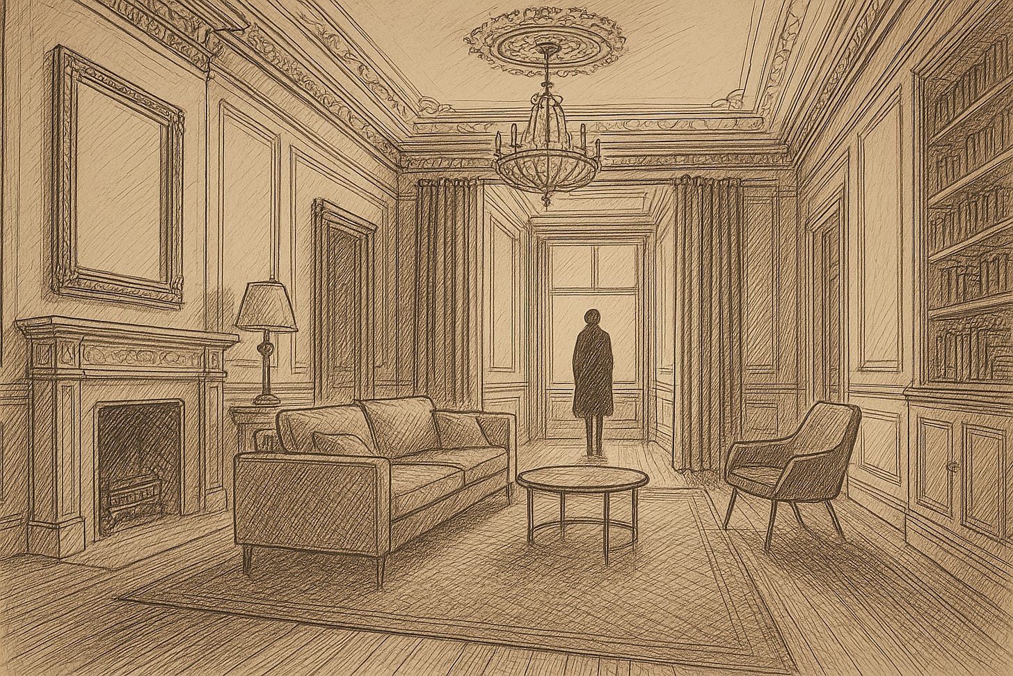 Stylized sepia line drawing of a Fifth Avenue brownstone interior blending ornate 1800s architecture with modern furnishings. A lone figure stands near tall sunlit windows at the end of a long hallway, creating a warm, cinematic scene of light, depth, and stillness.