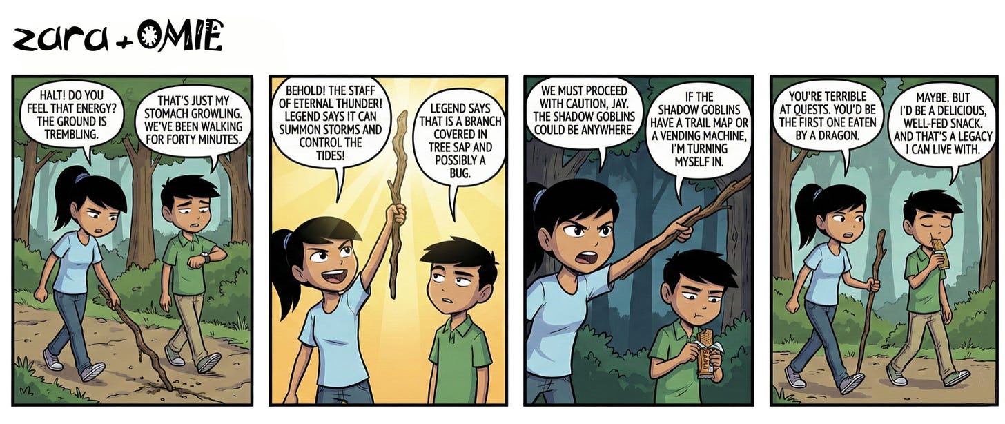 Zara and Jay walking on a forest trail. Zara excitedly holds up a stick like a magical staff while Jay looks unimpressed and eats a snack. Zara and Jay walking on a forest trail. Zara excitedly holds up a stick like a magical staff while Jay looks unimpressed and eats a snack.