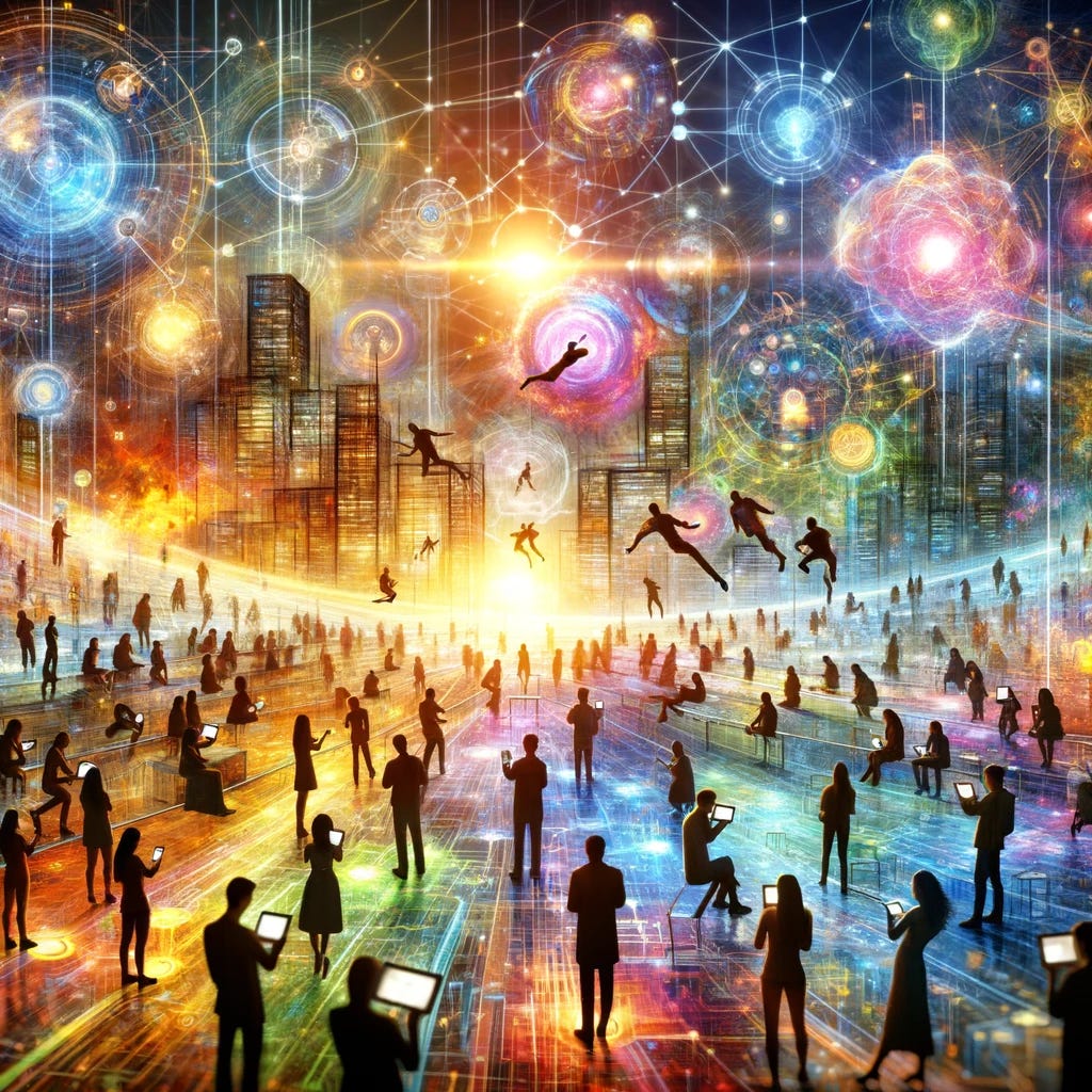 Visualiza una escena vibrante y futurista que ilustra el concepto de la atención que se desplaza hacia redes sociales descentralizadas. En el centro, un grupo diverso de personas interactúa con dispositivos digitales transparentes, sus rostros iluminados por la luz de las pantallas, mostrando una mezcla de contenido multimedia. Alrededor de ellos, estructuras en forma de nodos y conexiones simbolizan la descentralización, con datos fluyendo libremente sin un centro definido. La escena resalta la colaboración, la libertad de expresión y el intercambio de ideas en un entorno digital sin fronteras. El fondo es un paisaje urbano digital, representando la integración de estas redes en la vida cotidiana.