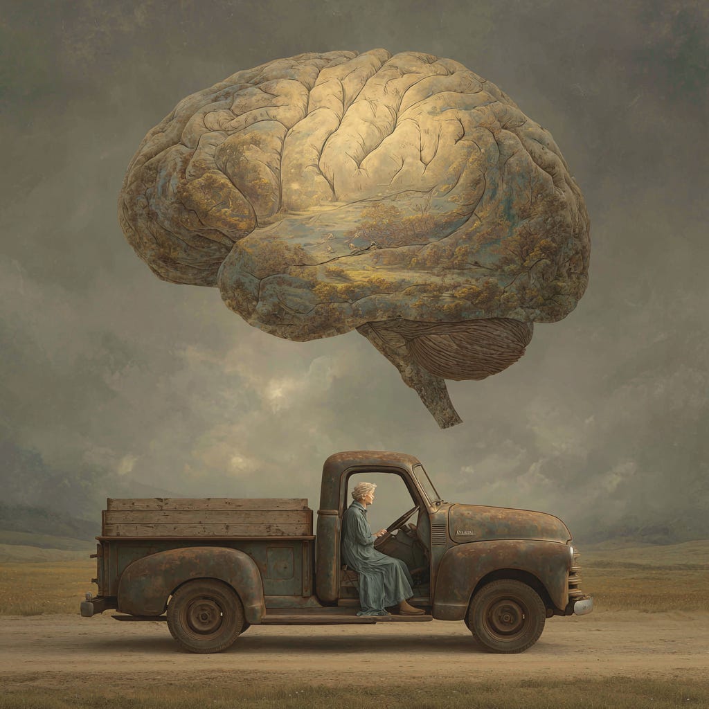 a poetically surreal image of a brain hovering above a vintage farm truck with an old woman behind the wheel and a stormy background