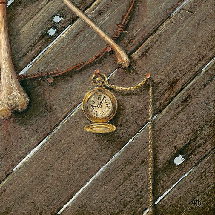 LEFT: Close detail from 19 O’CLOCK featuring a black spider bearing the sigil of the Crimson King on its thorax. The stylized red eye on black features a spiral for an iris. The eyebrow and eye are executes in one fluid motion. RIGHT: Close detail from 19 O’CLOCK featuring a gold pocket watch hanging from a rusted nail. The hands point to 1 and 9 on the face.