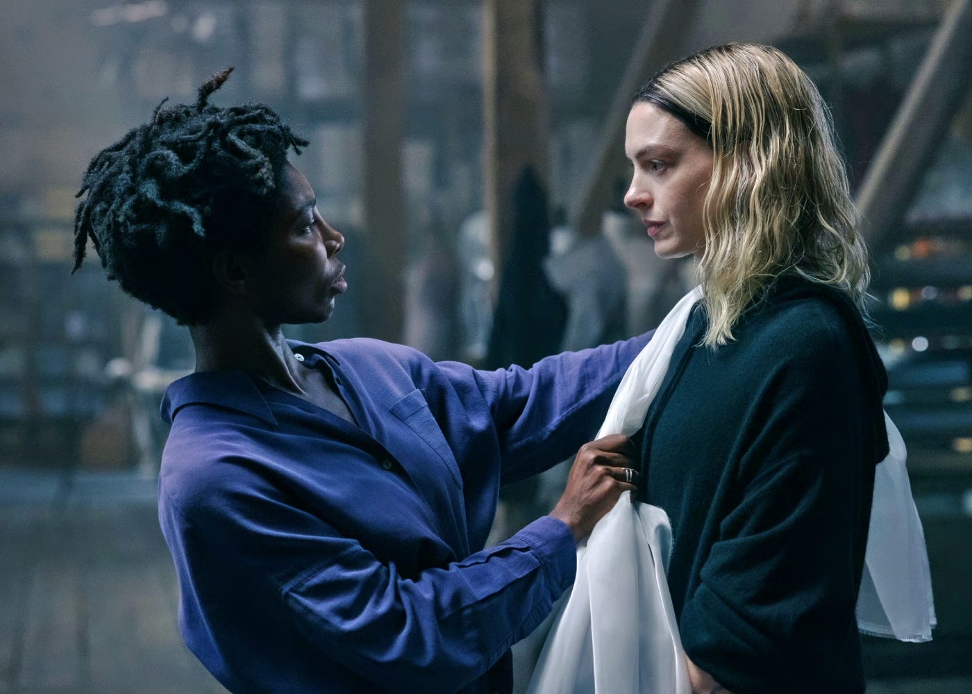 Michaela Coel as Sam Anselm and Anne Hathaway as Mother Mary in Mother Mary